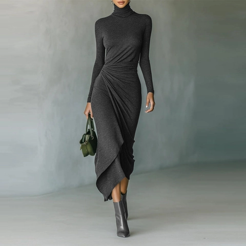 Elegante Midi Jurk Met Geplooide Taille Bodycon Lange Mouw Hoge Hals Effen Kleur Gebreid Herfst Winter Pullover Jurk