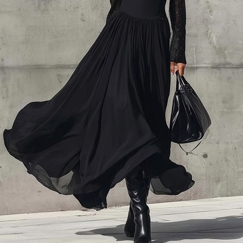 Women Elegant Black Patchwork Maxi Dress Velvet High Neck Sheer Mesh Dot Sleeve Splicing Flowy Long Swing Party Dress