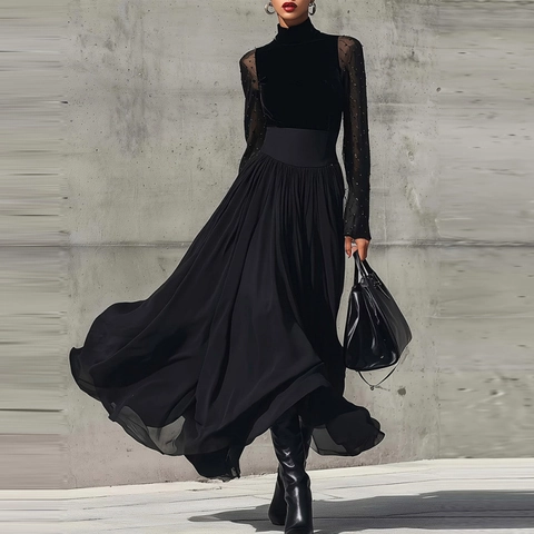 Women Elegant Black Patchwork Maxi Dress Velvet High Neck Sheer Mesh Dot Sleeve Splicing Flowy Long Swing Party Dress