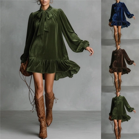 Dames Elegante Fluwelen Midi Jurk Vintage Strikkraag Lantaarnmouw Ruches Zoom Effen Kleur Losse Pasvorm Herfst Winter Jurk
