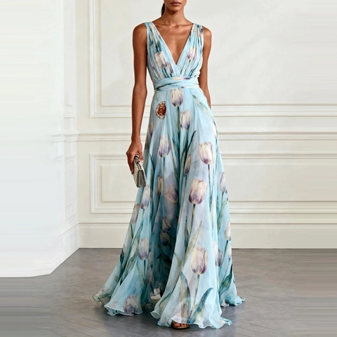 Robe Longue Femme Col en V Sans Manches Imprimé Tulipe Élégante Soirée Robe Longue Fluide Casual Été Robe à Fleurs