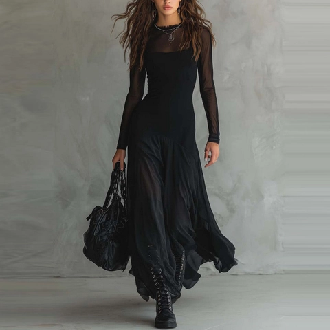 Dames Gotisch Donkere Stijl Mesh Patchwork Lange Mouwen Maxi Jurk Sexy Elegant Geplooid A-Lijn Zwart Jurk