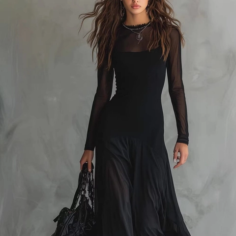 Dames Gotisch Donkere Stijl Mesh Patchwork Lange Mouwen Maxi Jurk Sexy Elegant Geplooid A-Lijn Zwart Jurk