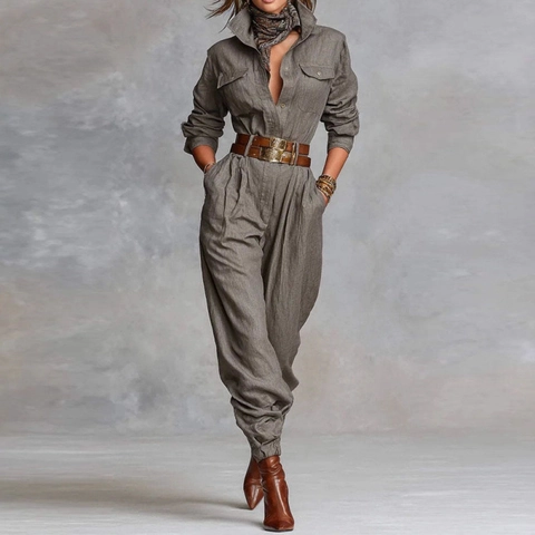 Damen Casual Utility Langarm Jumpsuit Mit Gürtel Retro Workwear Tasche Einfarbig Hohe Taille Lange Cargo Hose Romper