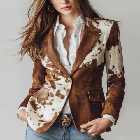 Giacca da Donna con Stampa Muccata Retro in Finta Pelle Scamosciata Stile Western Manica Lunga Rever Monopetto Blazer Moda