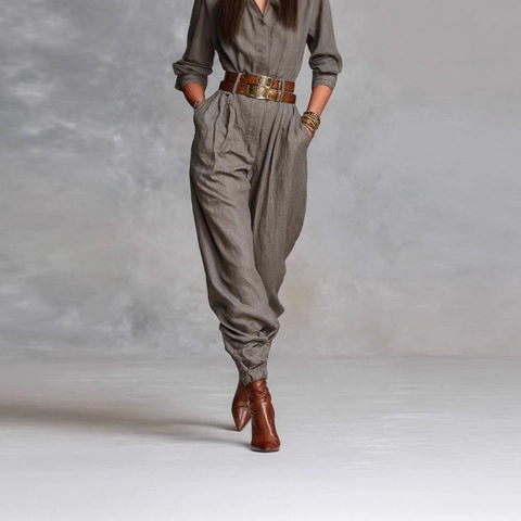 Damen Casual Utility Langarm Jumpsuit Mit Gürtel Retro Workwear Tasche Einfarbig Hohe Taille Lange Cargo Hose Romper