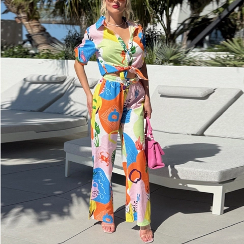 Damen Casual Urlaub Print Outfit Abstraktes Meeresmuster Kurzarm Knot Hemd Und Weite Hose Anzug