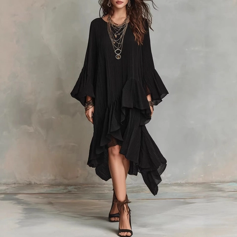 Dames Boheems Geplooid Maxi Jurk Elegant Asymmetrische Ruffle Gelaagde Zoom Lantaarnmouw Ronde Hals Casual Lange Jurk