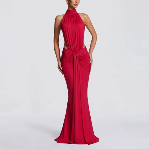 Robe Longue Sexy pour Femme avec Col Halter et Dos Nu Plissée Élégante Robe de Soirée Moulante avec Découpes en Polyester