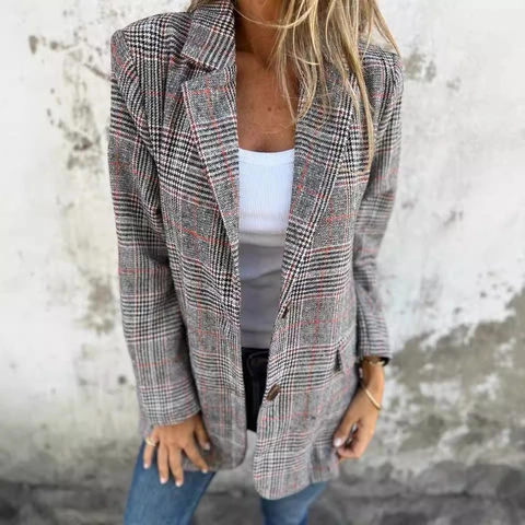 Women Retro Houndstooth Plaid Lapel Blazer Jacket Casual Long Sleeve Polyester Cardigan Open Front Suit Top With Pockets