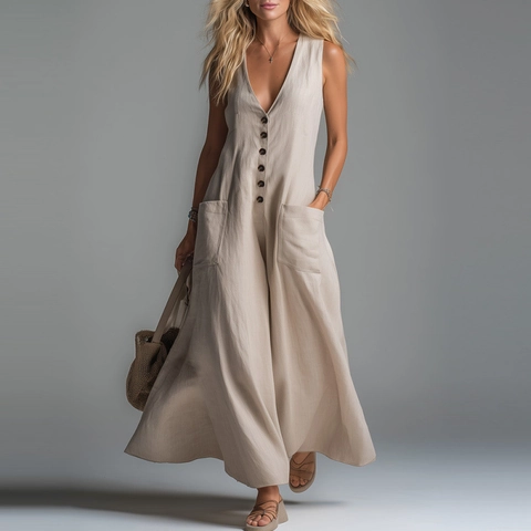 Women Casual Sleeveless Deep V Neck Wide Leg Jumpsuit With Buttons Pockets Loose Solid Color Cotton Linen Feel Jumpsuit