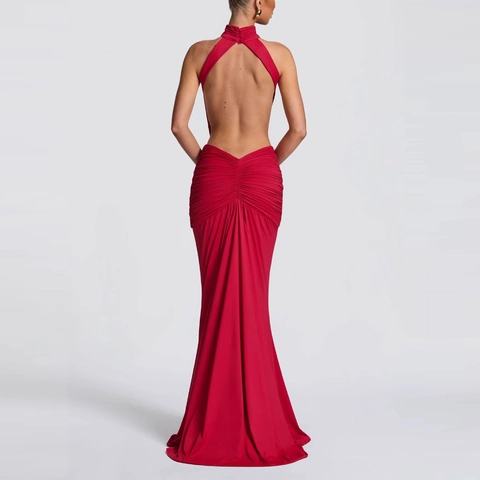 Robe Longue Sexy pour Femme avec Col Halter et Dos Nu Plissée Élégante Robe de Soirée Moulante avec Découpes en Polyester