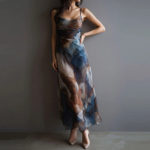 Women Spaghetti Strap Maxi Dress Abstract Marble Print Mesh Bodycon Summer Vacation Beach Elegant Sleeveless Long Dress