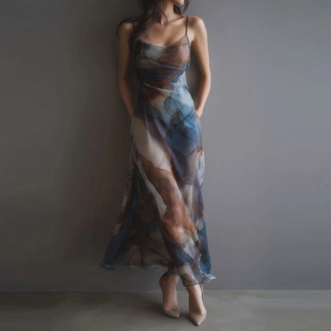 Women Spaghetti Strap Maxi Dress Abstract Marble Print Mesh Bodycon Summer Vacation Beach Elegant Sleeveless Long Dress