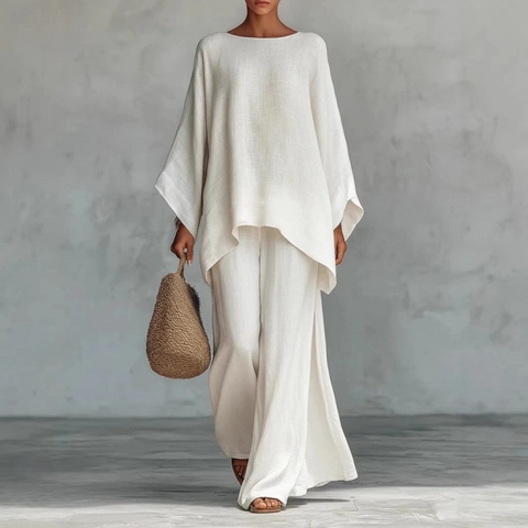 Women Casual Polyester Top And Bottom Loose Irregular Long Sleeve Shirt Wide Leg Pants Comfortable Bohemian Holiday Outfit
