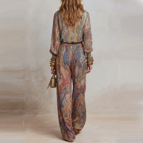 Bohemian Paisley Printed Women Top And Bottom Two Piece Set Deep V Neck Lantern Sleeve Blouse And Wide Leg Pants Outfits