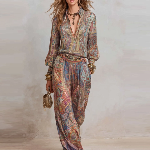 Bohemian Paisley Printed Women Top And Bottom Two Piece Set Deep V Neck Lantern Sleeve Blouse And Wide Leg Pants Outfits