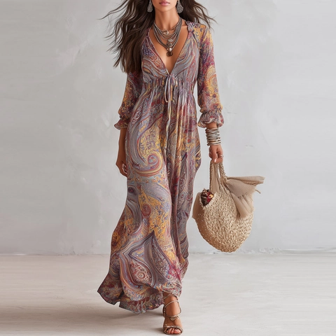 Women Bohemian Paisley Print Maxi Dress Deep V Neck Ruffle Sleeve Drawstring Waist Flowy Boho Vacation Dress