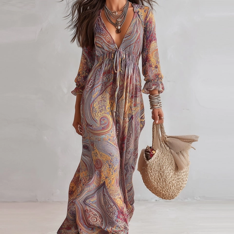 Women Bohemian Paisley Print Maxi Dress Deep V Neck Ruffle Sleeve Drawstring Waist Flowy Boho Vacation Dress