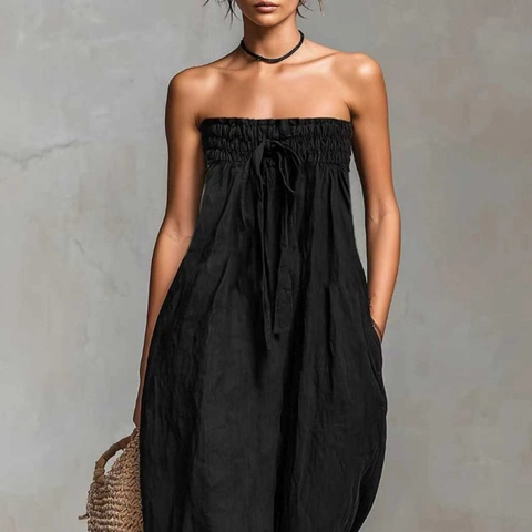 Mono de Mujer Sin Tirantes de Pierna Ancha Color Sólido Ajuste Holgado Casual de Verano Mameluco de Una Pieza Con Diseño de Lazo Mono Cómodo