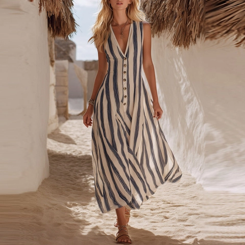 Vestito Lungo Bohemian Estate Scollo a V Profondo Senza Maniche a Righe Donna Spiaggia Vacanza Casual Linea A Bottoni Davanti