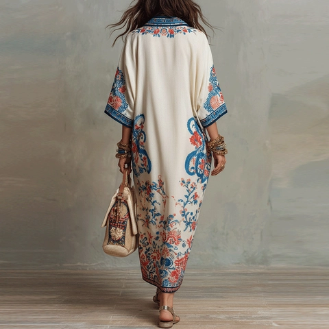Women Bohemian Printed V-Neck Kaftan Maxi Dress Summer Loose Three-Quarter Sleeve Side Slit Ethnic Resort Style Dress