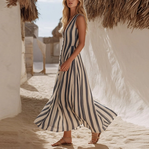 Vestito Lungo Bohemian Estate Scollo a V Profondo Senza Maniche a Righe Donna Spiaggia Vacanza Casual Linea A Bottoni Davanti