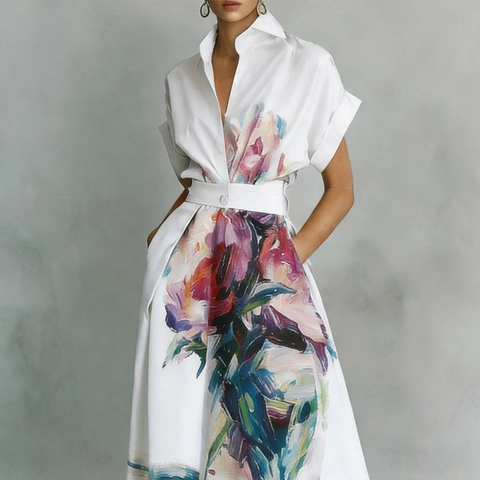 Women Elegant Abstract Oil Painting Floral Print Shirt Dress With Waist Belt Short Sleeve A-Line Maxi Dress For Vacation