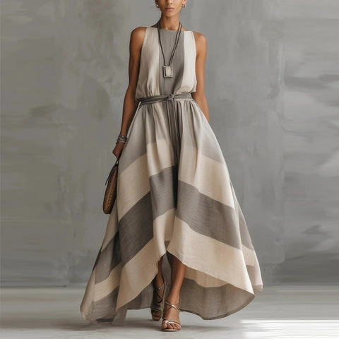 Women Casual Sleeveless Striped Maxi Dress Round Neck Belted High Low Hem Summer Streetwear Elegant Long Dress