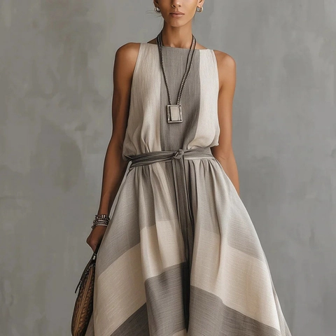 Women Casual Sleeveless Striped Maxi Dress Round Neck Belted High Low Hem Summer Streetwear Elegant Long Dress