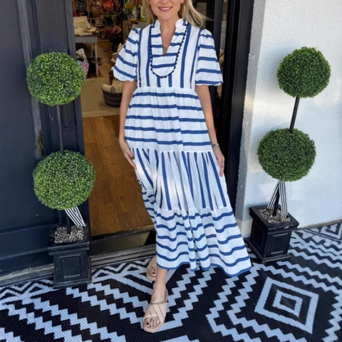 Women Casual V-Neck Striped Tiered Maxi Dress Summer Short Puff Sleeve Patchwork Long Polyester Holiday Fashion Dress