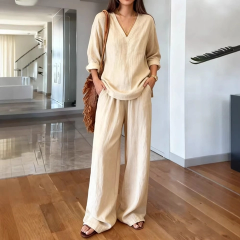 Completo Donna Casual Scollo a V Manica Lunga e Pantaloni a Gamba Larga Tinta Unita Vestibilità Larga Comodo Loungewear Streetwear