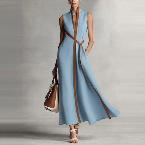 Robe Maxi Sans Manches Casual Color Block pour Femmes Col en V Profond Garniture Contrastée Coupe Décontractée Robe Longue Trapèze Avec Ceinture