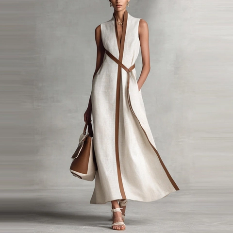 Robe Maxi Sans Manches Casual Color Block pour Femmes Col en V Profond Garniture Contrastée Coupe Décontractée Robe Longue Trapèze Avec Ceinture