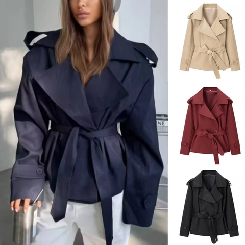 Dames Elegante Korte Trenchcoat Jas Met Riem Revers Double Breasted Casual Windjack Bovenkleding Voor Herfst Lente