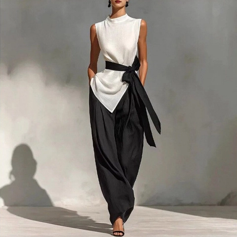 Dames Elegant Mouwloos Opstaande Kraag Asymmetrische Top En Wijde Pijpen Broek Outfits Gordel Effen Kleur Minimalistisch Kleding