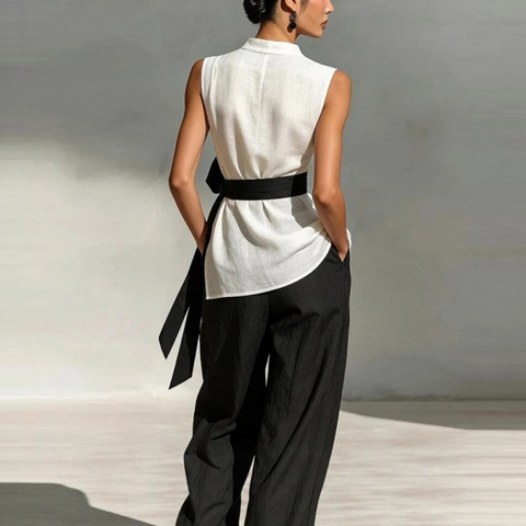 Dames Elegant Mouwloos Opstaande Kraag Asymmetrische Top En Wijde Pijpen Broek Outfits Gordel Effen Kleur Minimalistisch Kleding