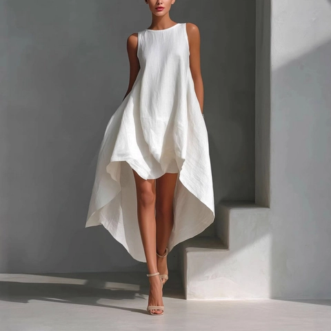 Women Elegant Sleeveless High Low Hem Dress Solid Color Round Neck Irregular Vacation A-Line Flowy Maxi Dress