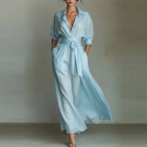 Elegantes V-Ausschnitt Langarm Maxi-Kleid Für Damen Einfarbig Taillenbindung Französischer Resort-Stil Plissee A-Linie Kleid Mit Taschen
