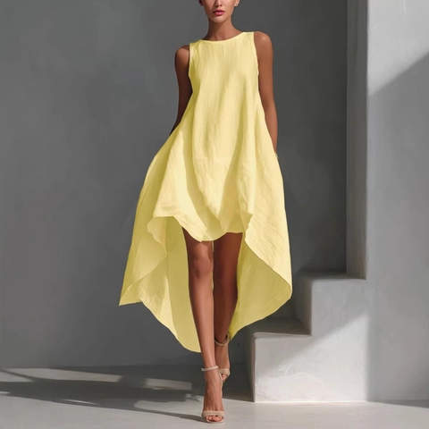 Women Elegant Sleeveless High Low Hem Dress Solid Color Round Neck Irregular Vacation A-Line Flowy Maxi Dress