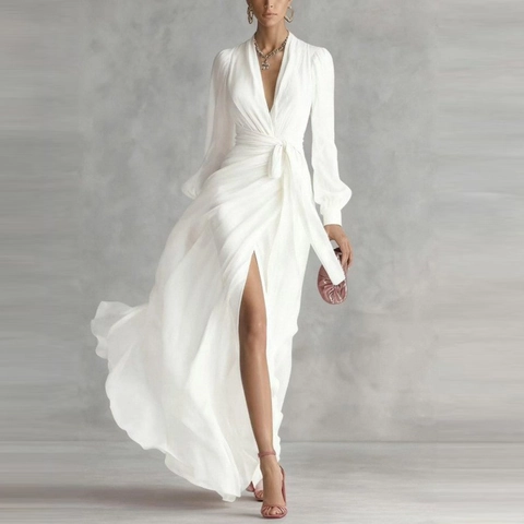 Robe Maxi pour Femmes Décolleté en V Profond Couleur Unie Taille Haute Élégante Manches Longues Mousseline de Soie Fendue
