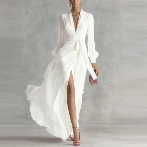 Elegant V Neck Solid Color High Slit Long Sleeve Polyester Chiffon Maxi Dress For Women Wrap Tie Waist Flowy Evening Dress