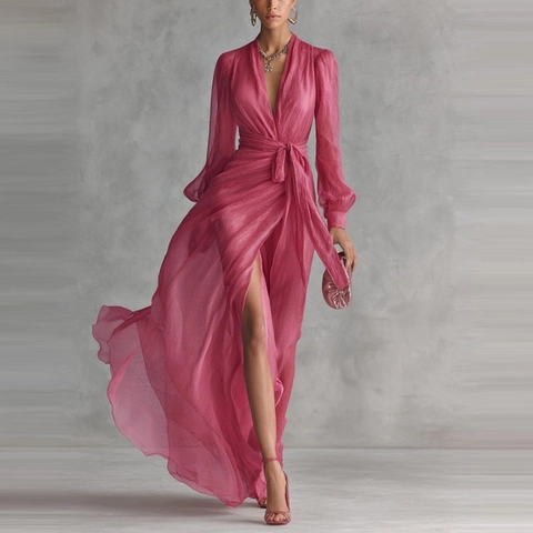 Elegant V Neck Solid Color High Slit Long Sleeve Polyester Chiffon Maxi Dress For Women Wrap Tie Waist Flowy Evening Dress
