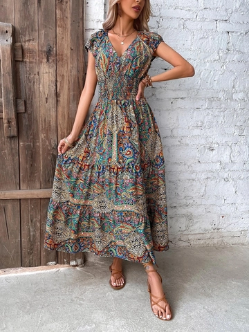 Bohemian V Neck Maxi Dress Cap Sleeve Smocked High Waist Tiered Paisley Floral Print Vintage Vacation Beach Dress Women