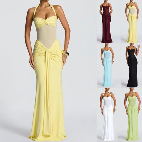 Robe Longue Maxi Sexy pour Femmes Halter Dos Nu Plissée Polyester Mesh Patchwork Bodycon pour Soirée Club Mariage