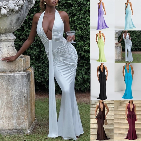 Women's Elegant Halter Deep V Backless Ruched Fishtail Maxi Dress Solid Color Sexy Party Evening Formal Long Gown