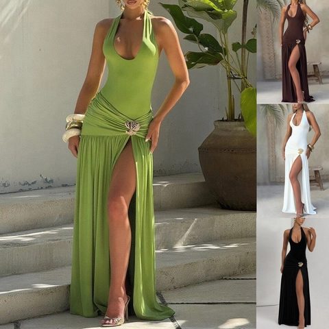 Robe Longue Sexy pour Femmes Dos Nu Halter Coupe Ajustée Plissée Fendue sur le Côté Robe Moulante Longue pour Fête Clubwear