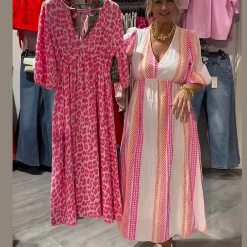 Robe Maxi Élégante en Polyester pour Femmes Imprimé Léopard Rayures Col en V Manches Bouffantes Dos Nu Style Bohème