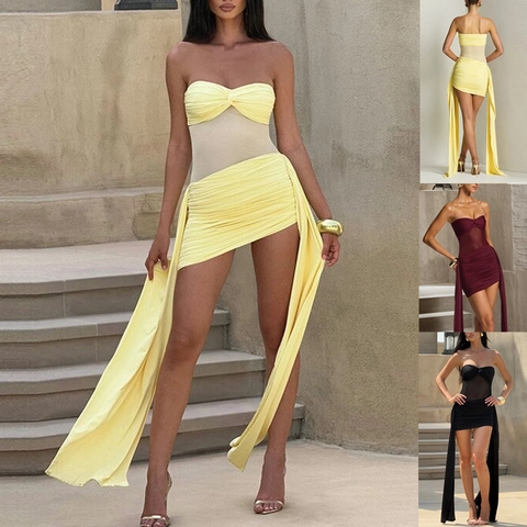 Elegant Strapless Mesh Spliced Mini Dress For Women Solid Color Slim Fit Ruched Bodycon Dress With Long Streamers Summer Evening Party Dress