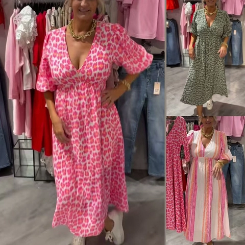 Robe Maxi Élégante en Polyester pour Femmes Imprimé Léopard Rayures Col en V Manches Bouffantes Dos Nu Style Bohème